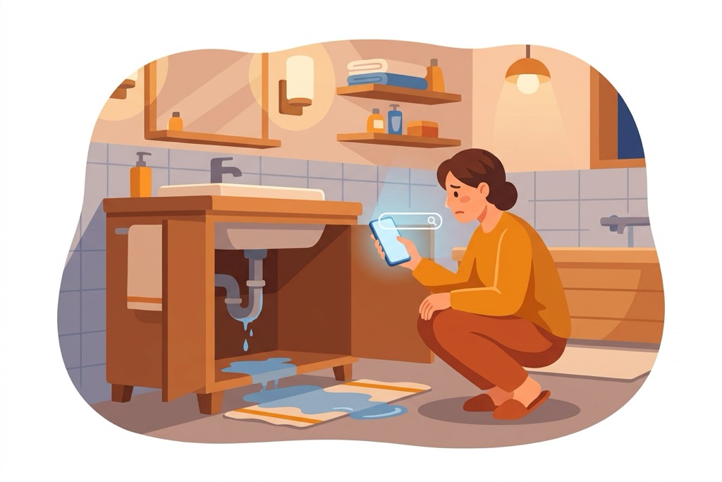 夜の洗面所で水漏れを前に、しゃがみ込んでスマホで修理業者を検索する人のイラスト