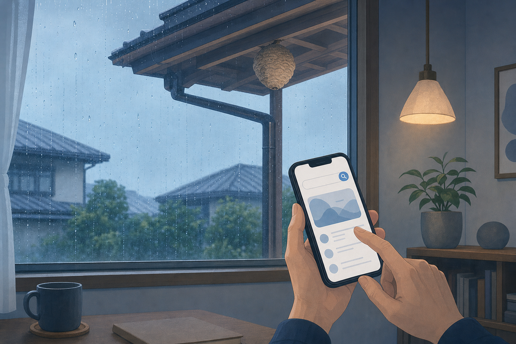 雨の日、窓の外の軒下にハチの巣。室内からスマホで検索する人